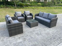 Fimous PE Rattan Garden Furniture Set Adjustable Chair Sofa Double Love Seat Lounge Set Square Coffee Table in Dark Grey - thumbnail 2