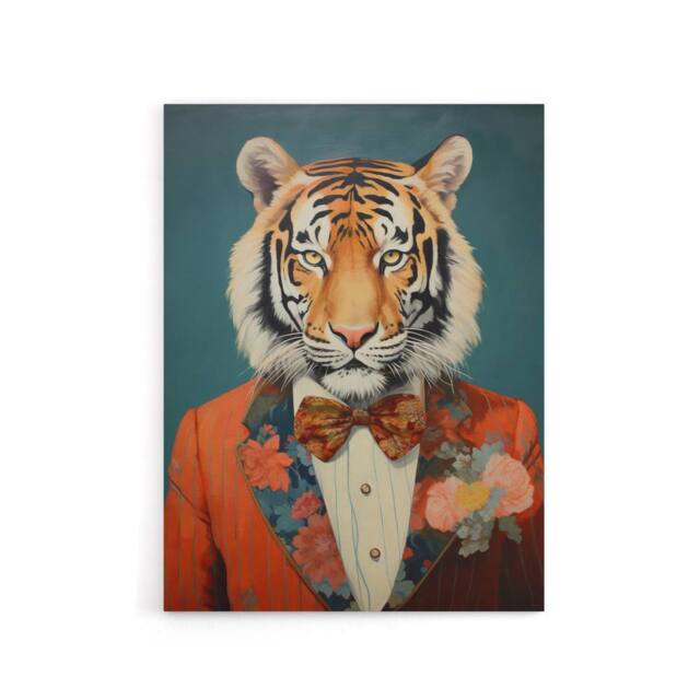 "Artery8 Tiger In A Tuxedo Animal Portrait Canvas Wall Art Print in Blue - Size: W18"" x H24""" - image 1