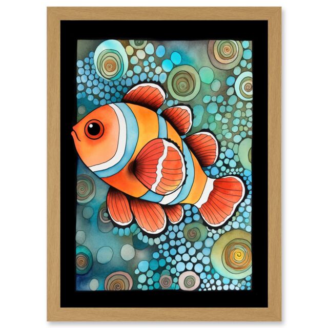 Artery8 Clownfish In Coral Patterns Folk Art Watercolour Painting Artwork Framed Wall Art Print A4 in Light Oak - image 1