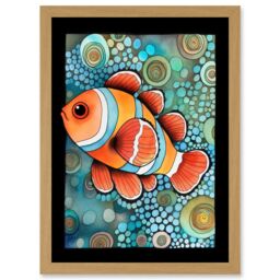 Artery8 Clownfish In Coral Patterns Folk Art Watercolour Painting Artwork Framed Wall Art Print A4 in Light Oak - thumbnail 1
