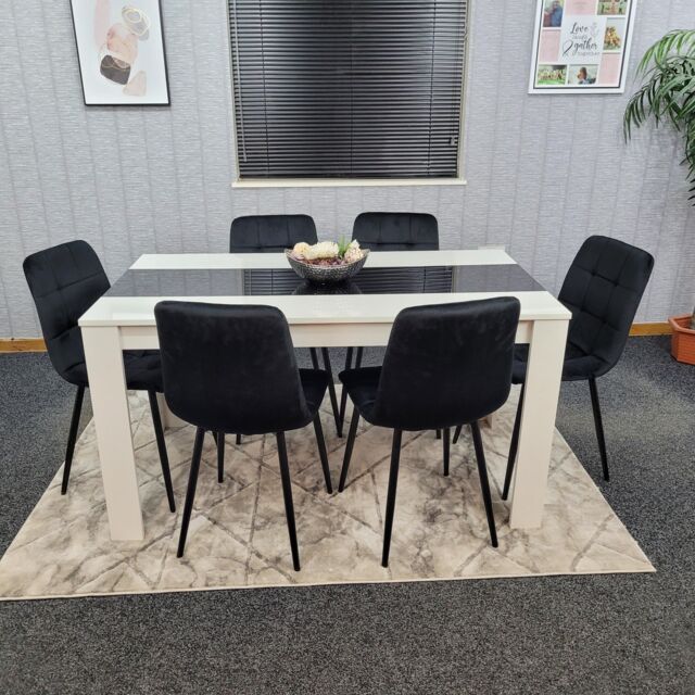 KOSY KOALA Modern White & Black Dining Table Set With 6 Black Velvet Chairs Dining Room Furniture - Size: 140 cm x 80 cm - image 1