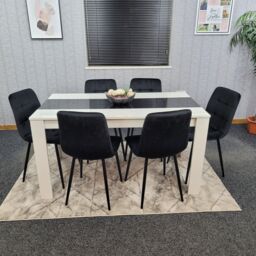 KOSY KOALA Modern White & Black Dining Table Set With 6 Black Velvet Chairs Dining Room Furniture - Size: 140 cm x 80 cm - thumbnail 1