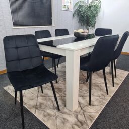 KOSY KOALA Modern White & Black Dining Table Set With 6 Black Velvet Chairs Dining Room Furniture - Size: 140 cm x 80 cm - thumbnail 5