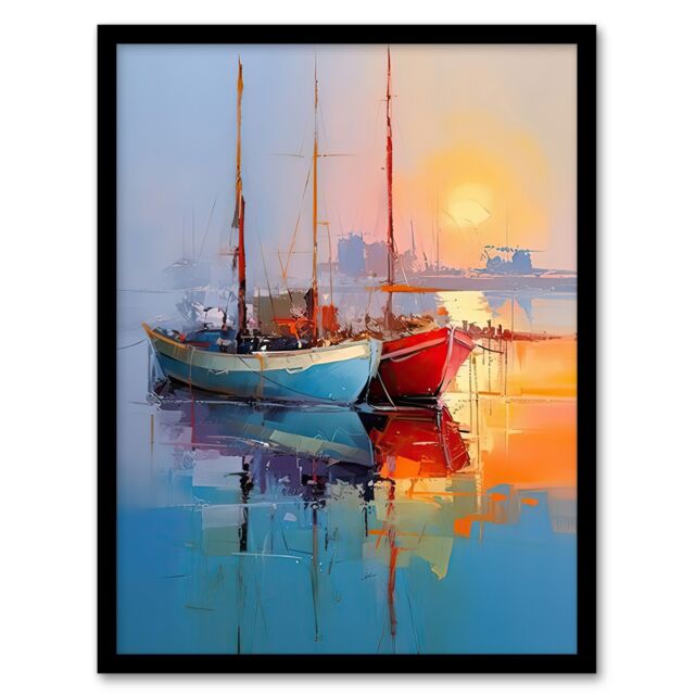 Artery8 Wall Art Print Sailboats Reflecting in Calm Misty Sunrise Seascape Framed in Blue - Size: A4 - image 1