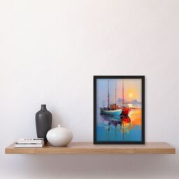 Artery8 Wall Art Print Sailboats Reflecting in Calm Misty Sunrise Seascape Framed in Blue - Size: A4 - thumbnail 4