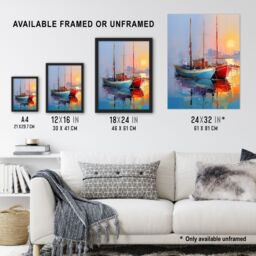 Artery8 Wall Art Print Sailboats Reflecting in Calm Misty Sunrise Seascape Framed in Blue - Size: A4 - thumbnail 3