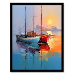 Artery8 Wall Art Print Sailboats Reflecting in Calm Misty Sunrise Seascape Framed in Blue - Size: A4 - thumbnail 1