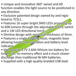 Loops Slimline Swivel Inspection Light - 16 SMD & 1W SMD LED - Rechargeable - Green - thumbnail 2
