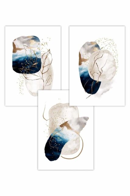 ARTZE Set of 3 Abstract Textured Navy Blue, Ivory & Gold Art Posters - Size: W50 cm x H70 cm - image 1