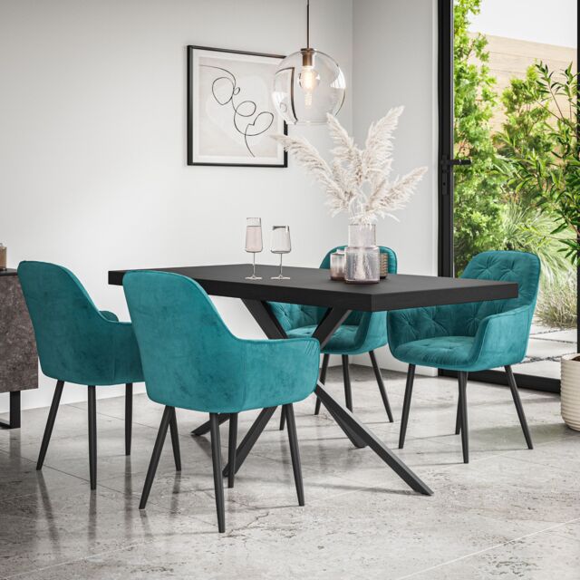 More4Homes Donni Dining Table & Chairs - Black Table Top w Black Legs + Anika Velvet Dining Chair Set Of 4 in Blue - image 1