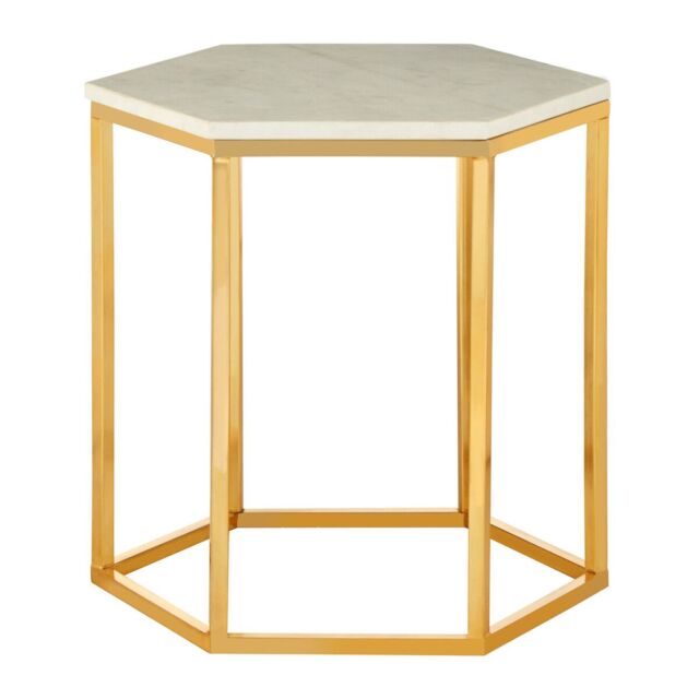 Orsina Hexagonal Side Table With Marble Top-Golden Small Table With Iron Pinched Wireframe-Luxe Sofa Side Table in Gold - image 1