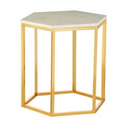 Orsina Hexagonal Side Table With Marble Top-Golden Small Table With Iron Pinched Wireframe-Luxe Sofa Side Table in Gold - thumbnail 2