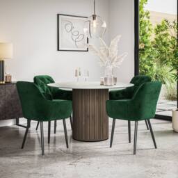 More4Homes Arlo White Marble Table Top W Walnut Leg + Anika Velvet Dining Chair 4 in Green