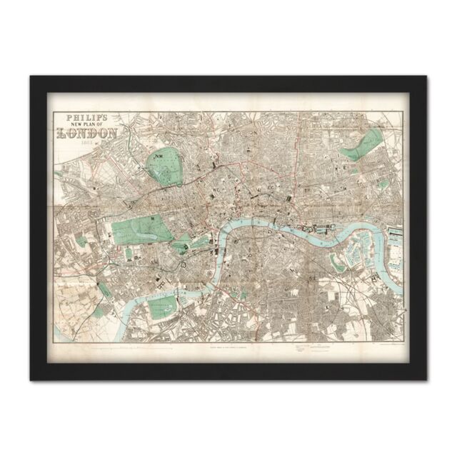 "Artery8 Wall Art Print Map Philip 1881 London City England Plan Chart Large Framed Wall Décor Art in Light Oak - Size: W18"" x H24""" - image 1
