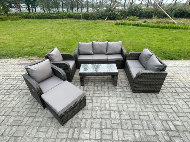 Fimous 8 Seater Outdoor Rattan Garden Furniture Set Patio Lounge Sofa Set with Rectangular Coffee Table Big Footstool Dark Grey Mixed - image 1