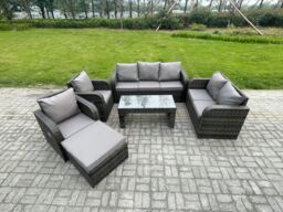 Fimous 8 Seater Outdoor Rattan Garden Furniture Set Patio Lounge Sofa Set with Rectangular Coffee Table Big Footstool Dark Grey Mixed - thumbnail 1