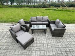 Fimous 8 Seater Outdoor Rattan Garden Furniture Set Patio Lounge Sofa Set with Rectangular Coffee Table Big Footstool Dark Grey Mixed - thumbnail 2