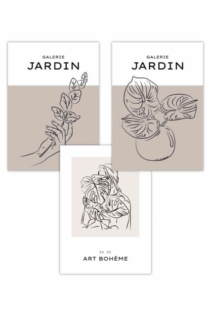 ARTZE Set of 3 Minimalist Sketch Boho Botanical in Beige & Ivory Art Posters - Size: W50 cm x H70 cm - image 1