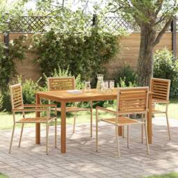 Berkfield Home 5 Piece Garden Dining Set Beige Poly Rattan Acacia - thumbnail 2