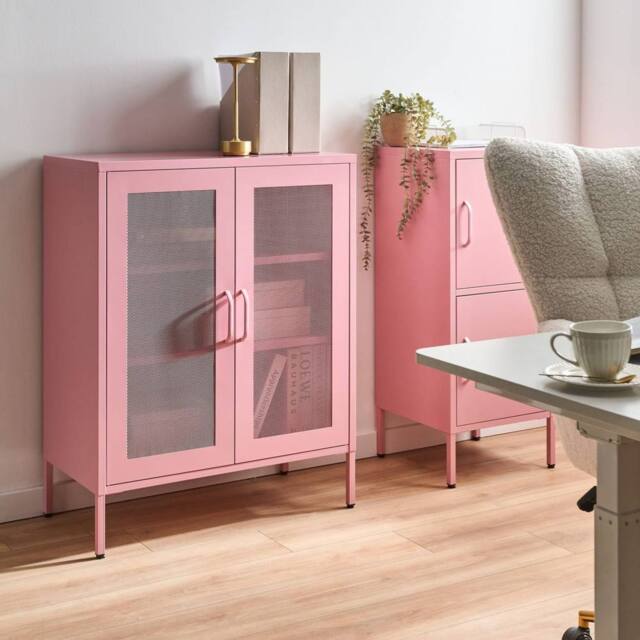 Wyld and Coco Pink Steel Sideboard Wall Mounted Industrial 2 Perforated Doors - image 1
