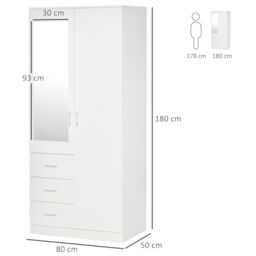 HOMCOM 2 Door Wardrobe Adjustable Shelf 3 Drawers Mirror Home Storage 180cm in White - Size: 180 cm x 80 cm - thumbnail 3