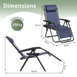 MCC Direct Set of 2 Zero Gravity Reclining Garden Chair Sun Lounger Recliner Textilene in Blue - thumbnail 6