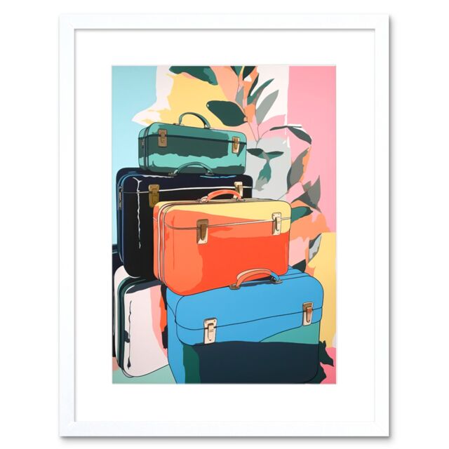 "Artery8 Wall Art Print Ready for Holiday Linocut Travel Bags Suitcases Bright Preppy Aesthetic Artwork Framed 9X7 Inch in White - Size: W7"" x H9""" - image 1