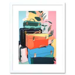 "Artery8 Wall Art Print Ready for Holiday Linocut Travel Bags Suitcases Bright Preppy Aesthetic Artwork Framed 9X7 Inch in White - Size: W7"" x H9""" - thumbnail 1