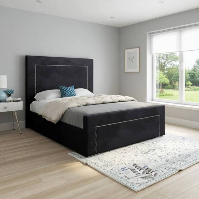 KDMD Lyminge Upholstered Black Soft Velvet Designer Bed Frame - Size: Small Single - image 1