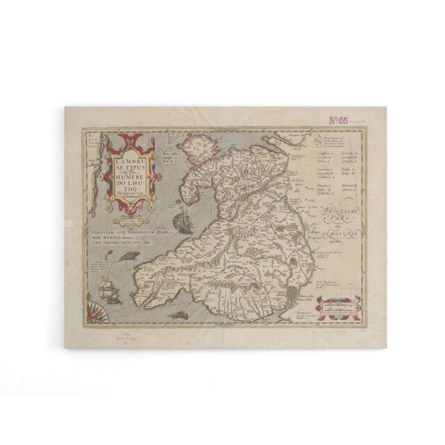 "Artery8 Hondius 1633 Wales Latin Early Map Canvas Wall Art Print in Beige - Size: W18"" x H24""" - image 1