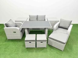 Fimous Outdoor Rattan Garden Furniture Dining Set 7-seater with 2 Side Tables in Light Grey - thumbnail 2