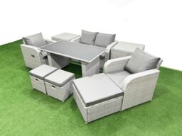 Fimous Outdoor Rattan Garden Furniture Dining Set 7-seater with 2 Side Tables in Light Grey - thumbnail 1