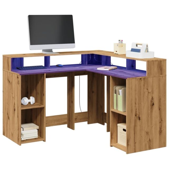 Berkfield Home Desk with LED Lights Artisian Oak 130x130x91 cm Engineered Wood in Brown - Size: 130 x 130 x 91 cm - image 1