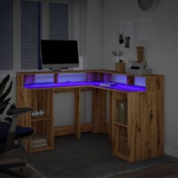 Berkfield Home Desk with LED Lights Artisian Oak 130x130x91 cm Engineered Wood in Brown - Size: 130 x 130 x 91 cm - thumbnail 5