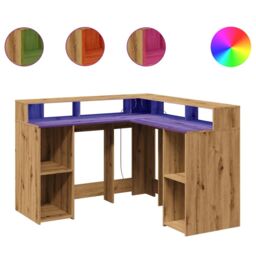 Berkfield Home Desk with LED Lights Artisian Oak 130x130x91 cm Engineered Wood in Brown - Size: 130 x 130 x 91 cm - thumbnail 2