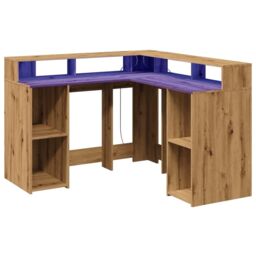 Berkfield Home Desk with LED Lights Artisian Oak 130x130x91 cm Engineered Wood in Brown - Size: 130 x 130 x 91 cm - thumbnail 3