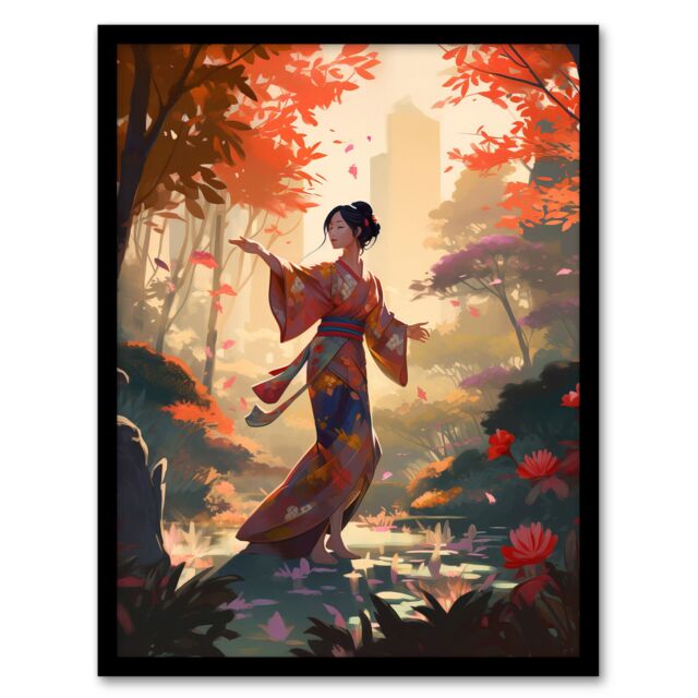 Artery8 Wall Art Print Geisha Performing Traditional Dance Warm Painting Graceful Dancing Falling Leaves Floral Japan Kimono Autumn Tree Tranquil - image 1