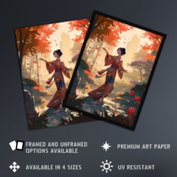 Artery8 Wall Art Print Geisha Performing Traditional Dance Warm Painting Graceful Dancing Falling Leaves Floral Japan Kimono Autumn Tree Tranquil - thumbnail 2