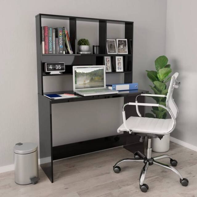 Berkfield Home Desk with Shelf High Gloss Black 110x45x157 cm Engineered Wood - Size: 110 x 45 x 157 cm - image 1