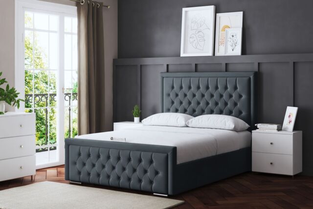 DS Living Allegra Upholstered Steel Ottoman Bed with Headboard in Grey - Size: King - image 1