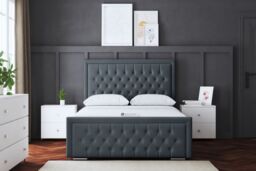 DS Living Allegra Upholstered Steel Ottoman Bed with Headboard in Grey - Size: King - thumbnail 2