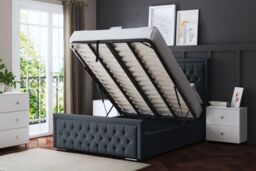 DS Living Allegra Upholstered Steel Ottoman Bed with Headboard in Grey - Size: King - thumbnail 4