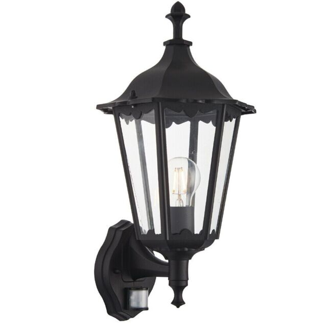 Loops IP44 Outdoor PIR Light Matt Black & Glass Traditional Wall Lantern Porch Motion - image 1