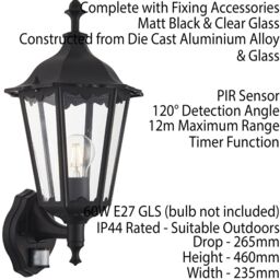 Loops IP44 Outdoor PIR Light Matt Black & Glass Traditional Wall Lantern Porch Motion - thumbnail 2