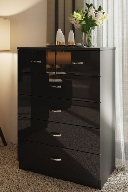 FWStyle Chilton Black Gloss 6 Drawer Chest (H) 100cm (W) 70cm (D) 40cm - image 1