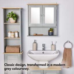 VonHaus 2 Door Bathroom Wall Mirror Cabinet in Grey - thumbnail 2