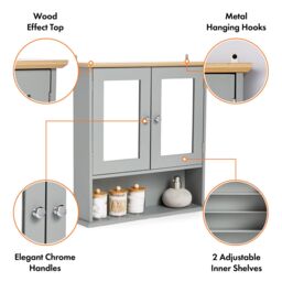 VonHaus 2 Door Bathroom Wall Mirror Cabinet in Grey - thumbnail 5