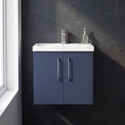 Balterley Contemporary Bathroom Wall Hung 2 Soft-Close Door Vanity Unit & Mid-Edge Ceramic Basin, Midnight Blue, 600 mm in Blue - thumbnail 6