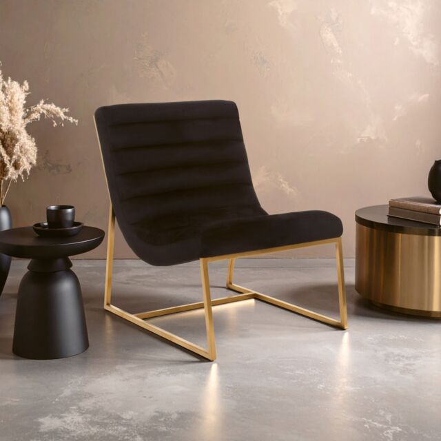 Orsina Black Velvet Cocktail Chair, Modern Art-Deco Black Velvet Accent Chair, Matte Gold Stainless Steel Frame - image 1
