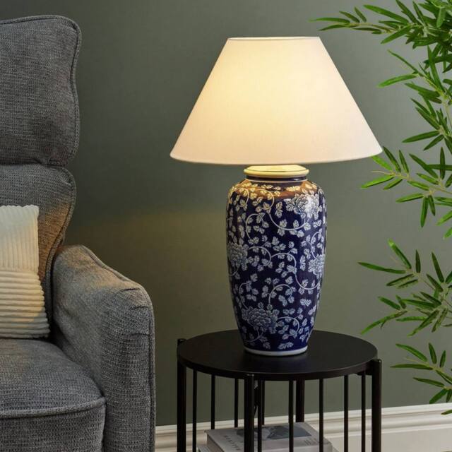 Wyld and Coco Blue and White Porcelain Table Lamp Hand Painted Floral Base Linen - image 1